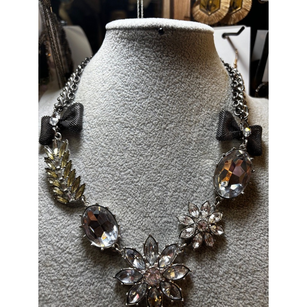 #6. Rare Betsey Johnson Statement Necklace – Mesh Bows, Crystal Flowers & Leaves